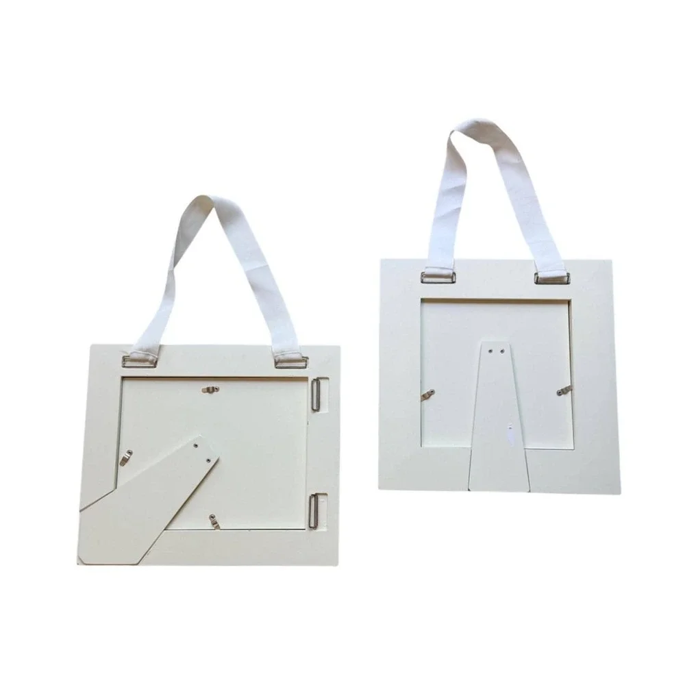 Pair Vintage Pottery Barn Kids White Distress Wood Picture Frames Ribbon Hangers